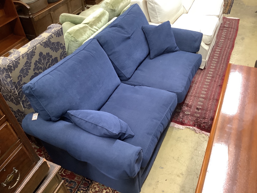 A modern blue fabric metal action two seater sofa bed, width 190cm, depth 90cm, height 90cm